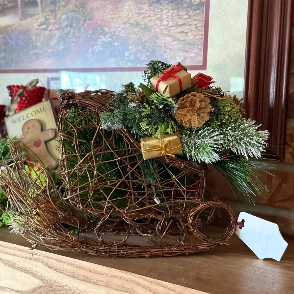 Vintage 1988 Holiday Decorative Wicker Sleigh with Greenery and Red Accents